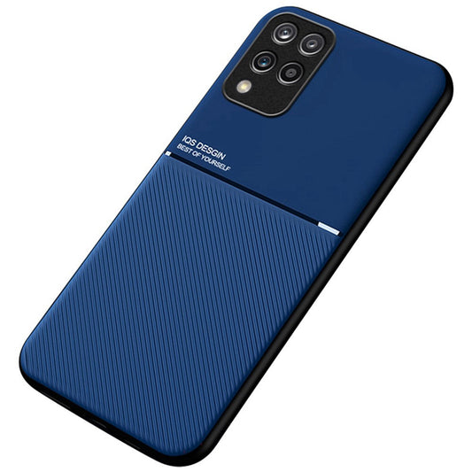 For Samsung Galaxy M33 5G (Global Version) Shockproof Phone Case Wear-resistant Precise Cutout PU Leather + TPU Imprinted Cell Phone Cover with Built-in Magnetic Metal Sheet - Blue