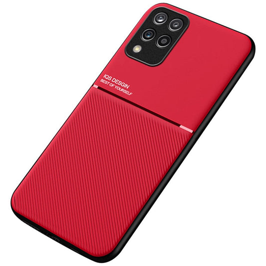 For Samsung Galaxy M33 5G (Global Version) Shockproof Phone Case Wear-resistant Precise Cutout PU Leather + TPU Imprinted Cell Phone Cover with Built-in Magnetic Metal Sheet - Red