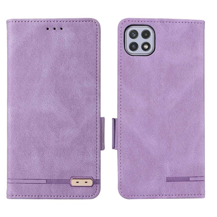 For Samsung Galaxy A22 5G (EU Version) Anti-scratch PU Leather Phone Case Hardware Design Smartphone Cover with Wallet Stand - Purple