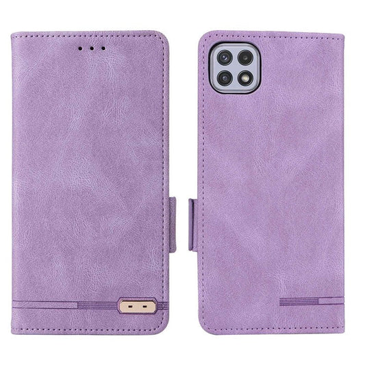 For Samsung Galaxy A22 5G (EU Version) Anti-scratch PU Leather Phone Case Hardware Design Smartphone Cover with Wallet Stand - Purple