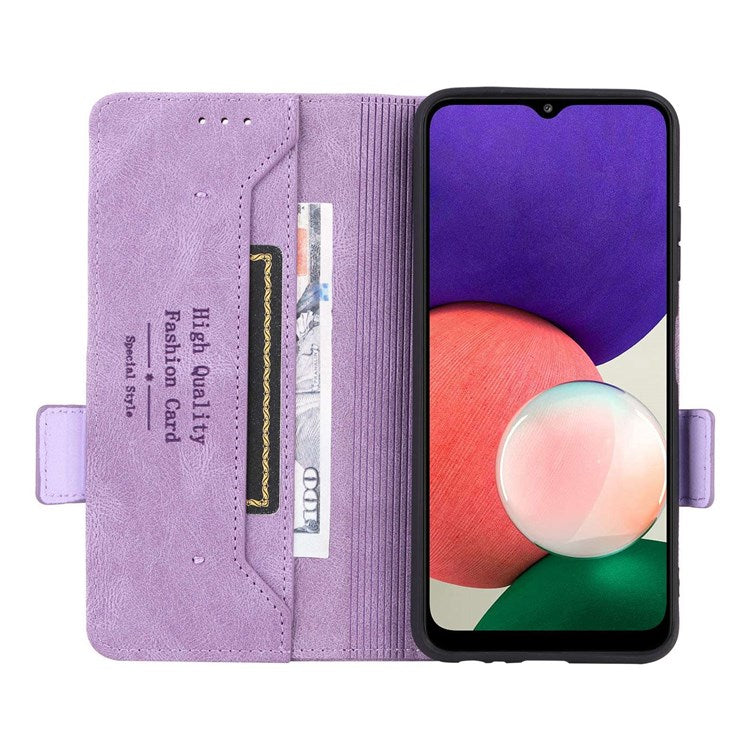 For Samsung Galaxy A22 5G (EU Version) Anti-scratch PU Leather Phone Case Hardware Design Smartphone Cover with Wallet Stand - Purple