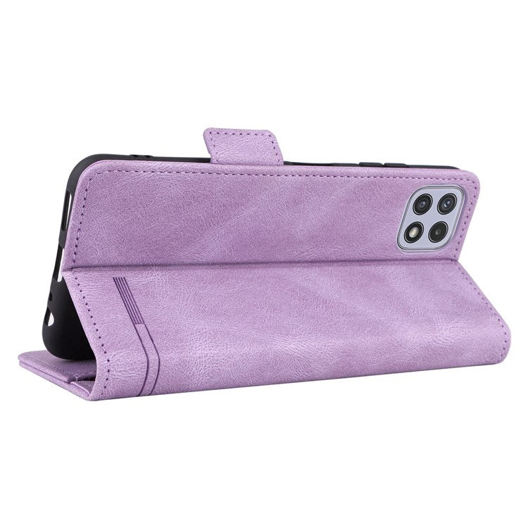 For Samsung Galaxy A22 5G (EU Version) Anti-scratch PU Leather Phone Case Hardware Design Smartphone Cover with Wallet Stand - Purple
