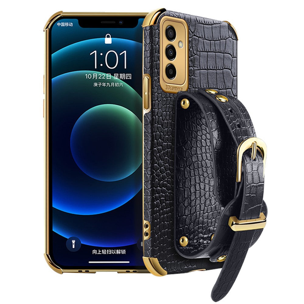 For Samsung Galaxy M23 5G/F23 5G Shockproof Anti-fall Cellphone Cover 6D Electroplated Crocodile Texture Phone Case PU Leather Coated TPU Shell with Hand Strap Kickstand - Black