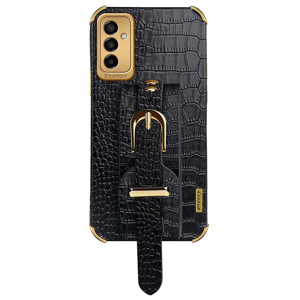 For Samsung Galaxy M23 5G/F23 5G Shockproof Anti-fall Cellphone Cover 6D Electroplated Crocodile Texture Phone Case PU Leather Coated TPU Shell with Hand Strap Kickstand - Black