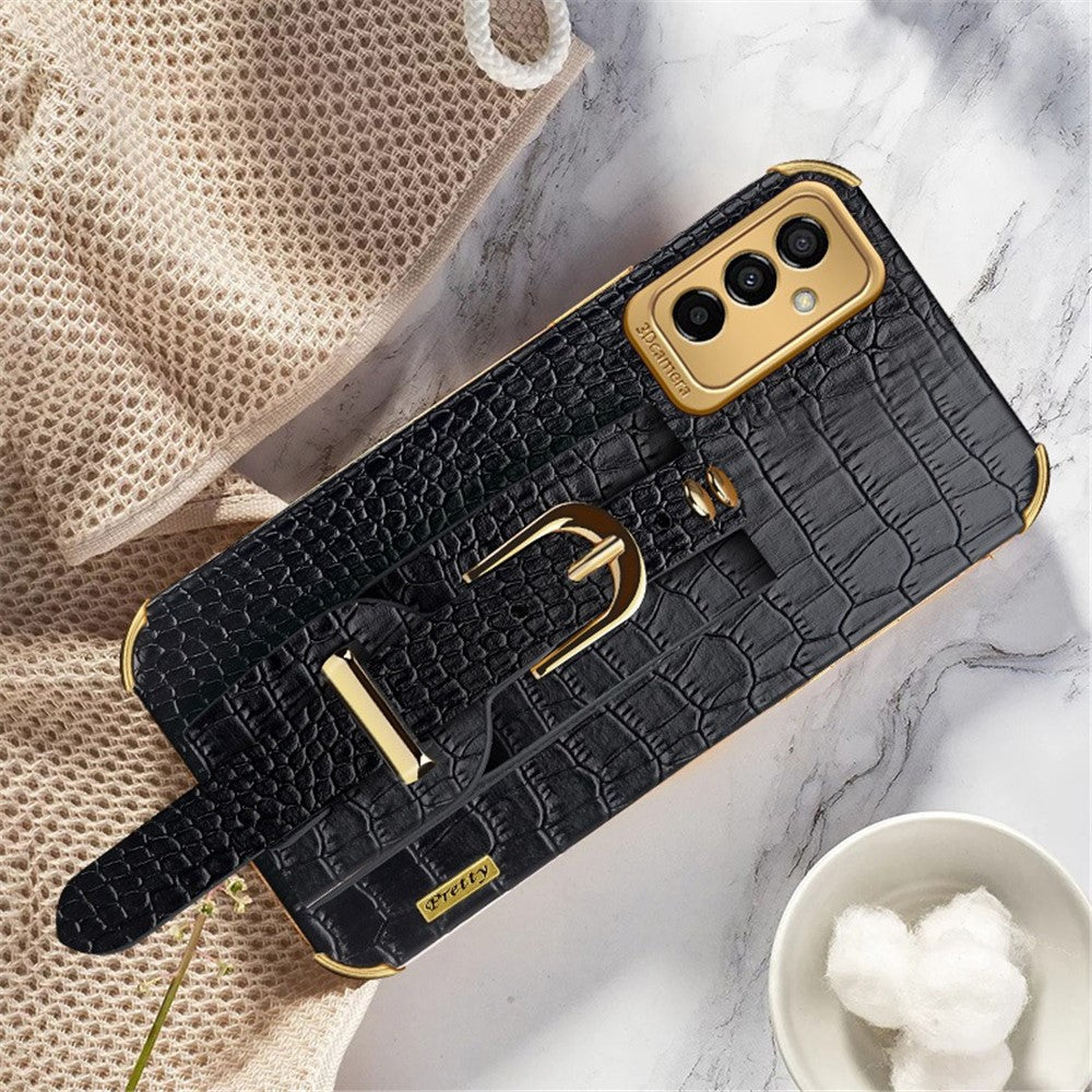 For Samsung Galaxy M23 5G/F23 5G Shockproof Anti-fall Cellphone Cover 6D Electroplated Crocodile Texture Phone Case PU Leather Coated TPU Shell with Hand Strap Kickstand - Black