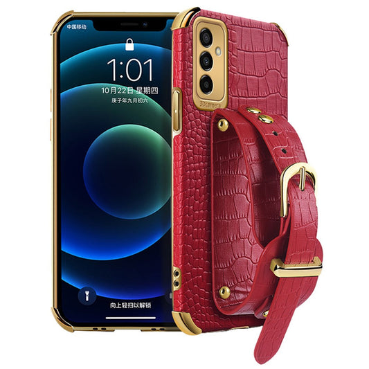 For Samsung Galaxy M23 5G/F23 5G Shockproof Anti-fall Cellphone Cover 6D Electroplated Crocodile Texture Phone Case PU Leather Coated TPU Shell with Hand Strap Kickstand - Red
