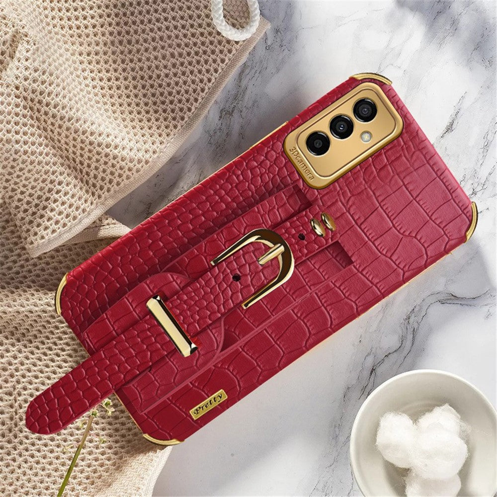 For Samsung Galaxy M23 5G/F23 5G Shockproof Anti-fall Cellphone Cover 6D Electroplated Crocodile Texture Phone Case PU Leather Coated TPU Shell with Hand Strap Kickstand - Red
