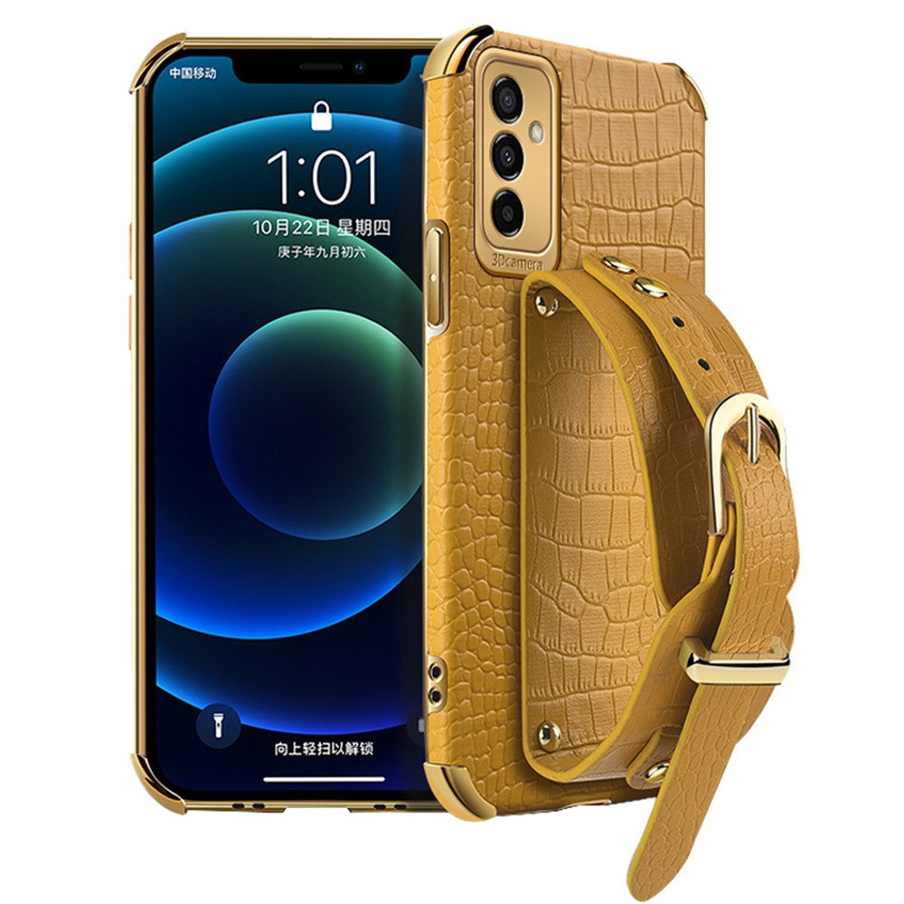 For Samsung Galaxy M23 5G/F23 5G Shockproof Anti-fall Cellphone Cover 6D Electroplated Crocodile Texture Phone Case PU Leather Coated TPU Shell with Hand Strap Kickstand - Yellow