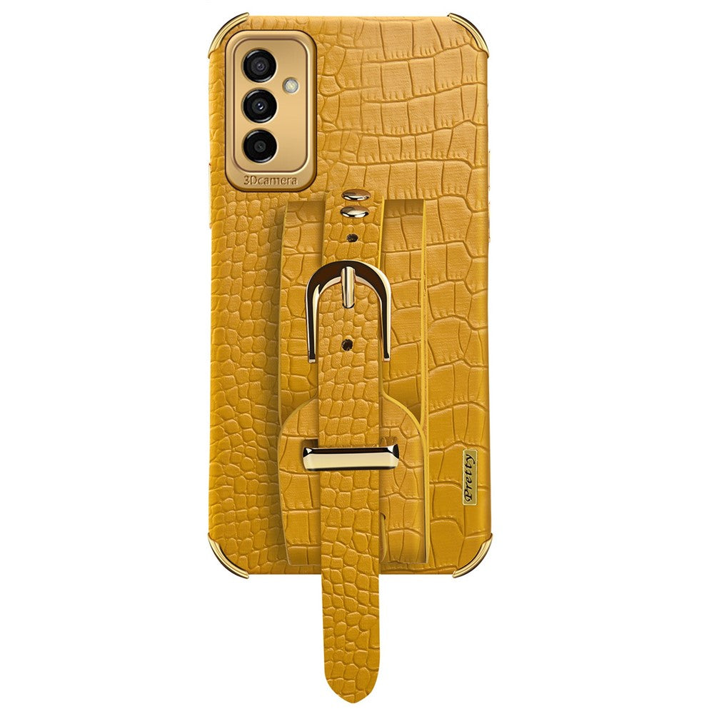 For Samsung Galaxy M23 5G/F23 5G Shockproof Anti-fall Cellphone Cover 6D Electroplated Crocodile Texture Phone Case PU Leather Coated TPU Shell with Hand Strap Kickstand - Yellow