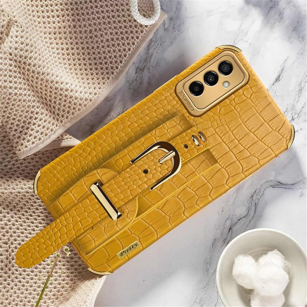 For Samsung Galaxy M23 5G/F23 5G Shockproof Anti-fall Cellphone Cover 6D Electroplated Crocodile Texture Phone Case PU Leather Coated TPU Shell with Hand Strap Kickstand - Yellow
