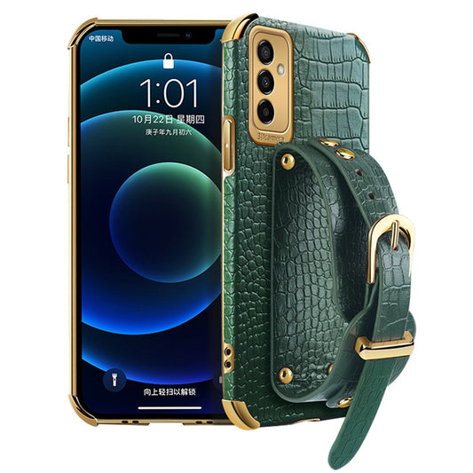 For Samsung Galaxy M23 5G/F23 5G Shockproof Anti-fall Cellphone Cover 6D Electroplated Crocodile Texture Phone Case PU Leather Coated TPU Shell with Hand Strap Kickstand - Green