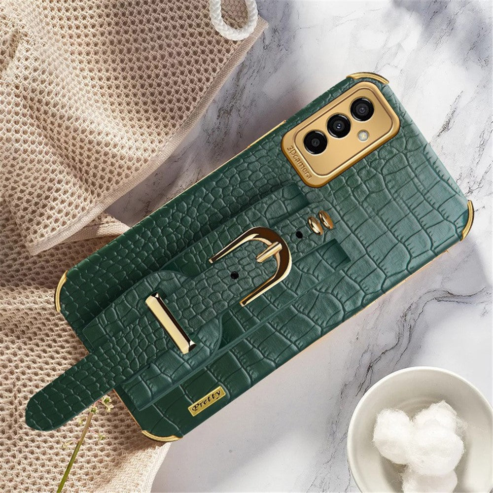 For Samsung Galaxy M23 5G/F23 5G Shockproof Anti-fall Cellphone Cover 6D Electroplated Crocodile Texture Phone Case PU Leather Coated TPU Shell with Hand Strap Kickstand - Green