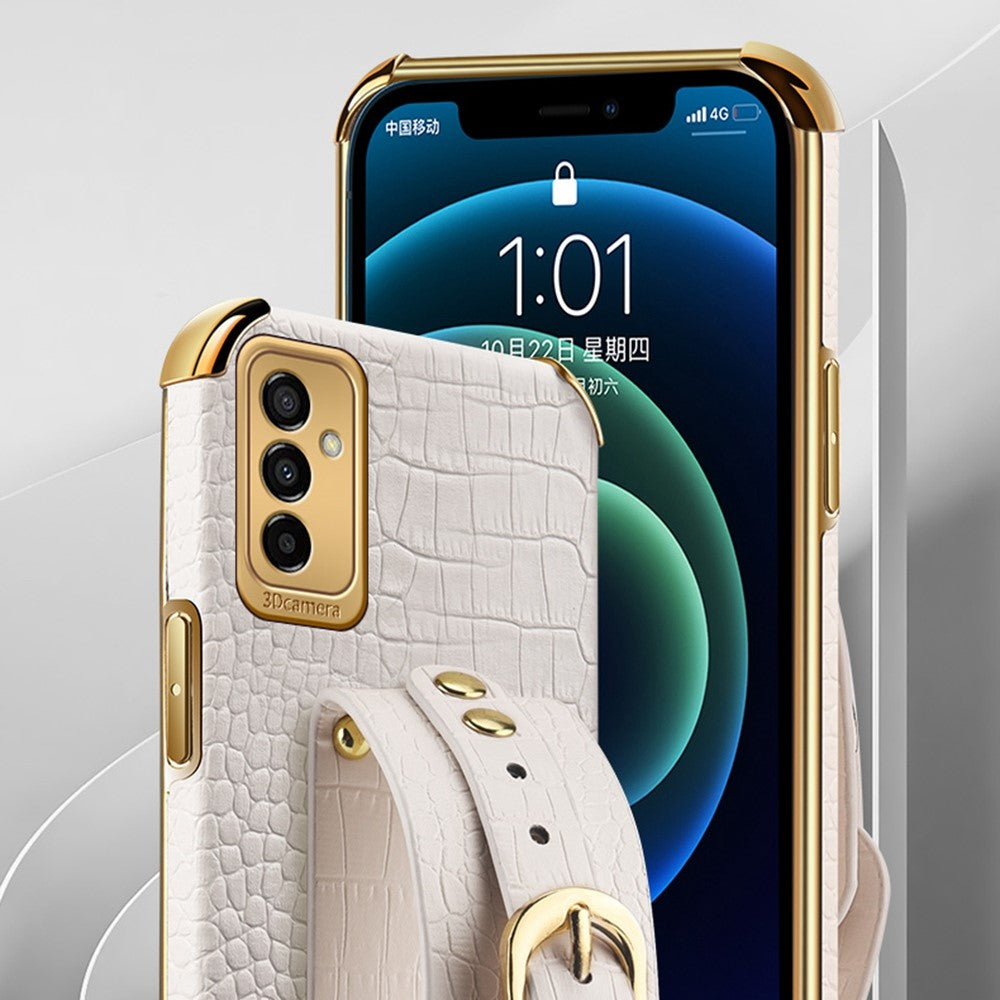 For Samsung Galaxy M23 5G/F23 5G Shockproof Anti-fall Cellphone Cover 6D Electroplated Crocodile Texture Phone Case PU Leather Coated TPU Shell with Hand Strap Kickstand - Green