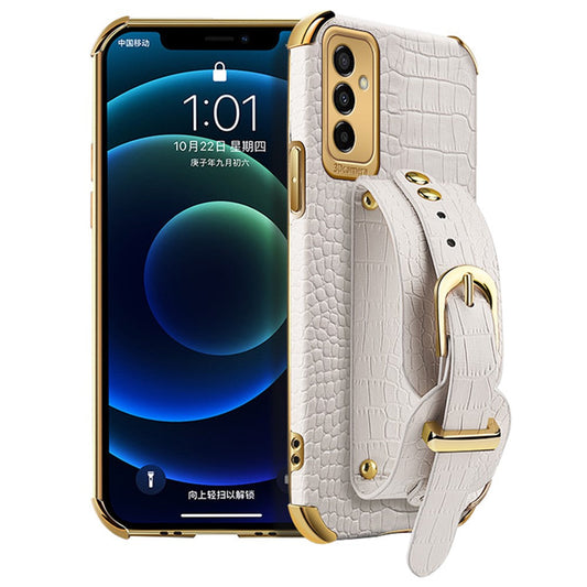 For Samsung Galaxy M23 5G/F23 5G Shockproof Anti-fall Cellphone Cover 6D Electroplated Crocodile Texture Phone Case PU Leather Coated TPU Shell with Hand Strap Kickstand - White