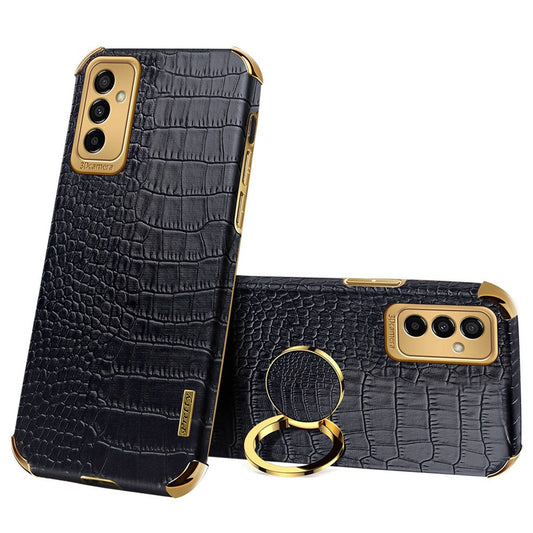 For Samsung Galaxy M23 5G/F23 5G Shockproof Phone Cover Crocodile Texture Kickstand Electroplated Finger Ring Holder PU Leather Coated TPU Anti-scratch Phone Case - Black