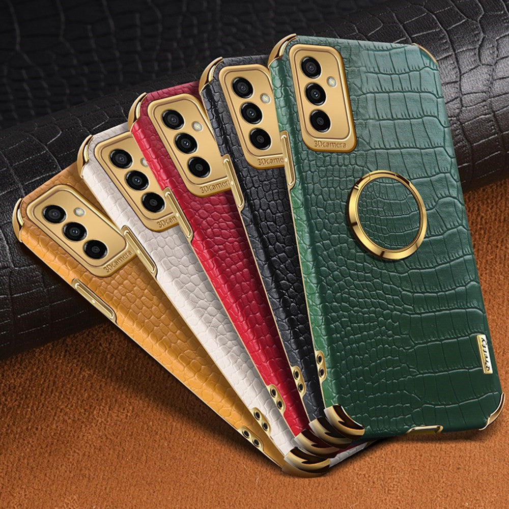 For Samsung Galaxy M23 5G/F23 5G Shockproof Phone Cover Crocodile Texture Kickstand Electroplated Finger Ring Holder PU Leather Coated TPU Anti-scratch Phone Case - Black