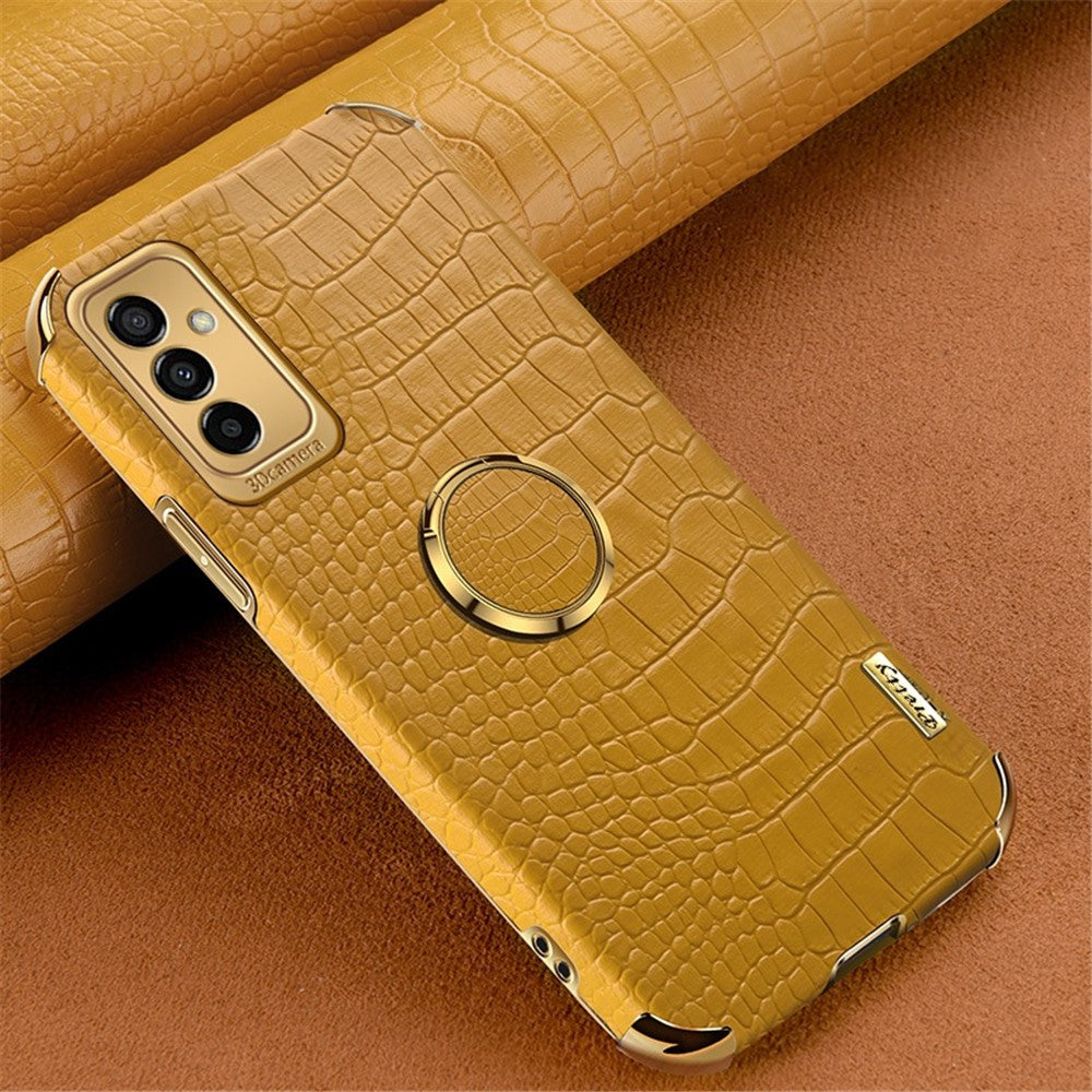 For Samsung Galaxy M23 5G/F23 5G Shockproof Phone Cover Crocodile Texture Kickstand Electroplated Finger Ring Holder PU Leather Coated TPU Anti-scratch Phone Case - Yellow