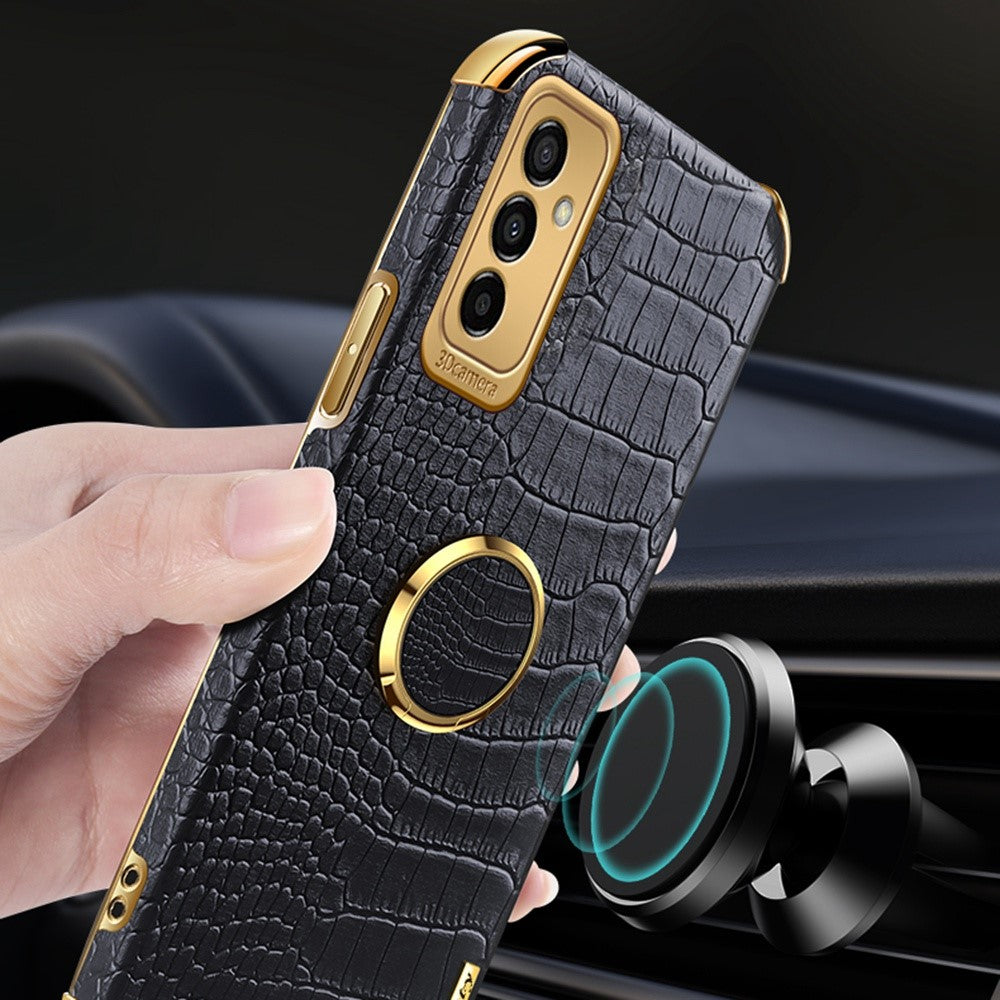 For Samsung Galaxy M23 5G/F23 5G Shockproof Phone Cover Crocodile Texture Kickstand Electroplated Finger Ring Holder PU Leather Coated TPU Anti-scratch Phone Case - Yellow