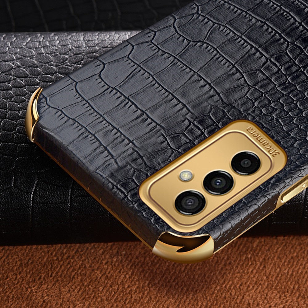 For Samsung Galaxy M23 5G/F23 5G Shockproof Phone Cover Crocodile Texture Kickstand Electroplated Finger Ring Holder PU Leather Coated TPU Anti-scratch Phone Case - Yellow