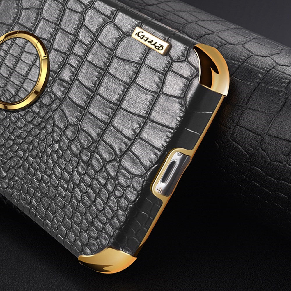 For Samsung Galaxy M23 5G/F23 5G Shockproof Phone Cover Crocodile Texture Kickstand Electroplated Finger Ring Holder PU Leather Coated TPU Anti-scratch Phone Case - Yellow