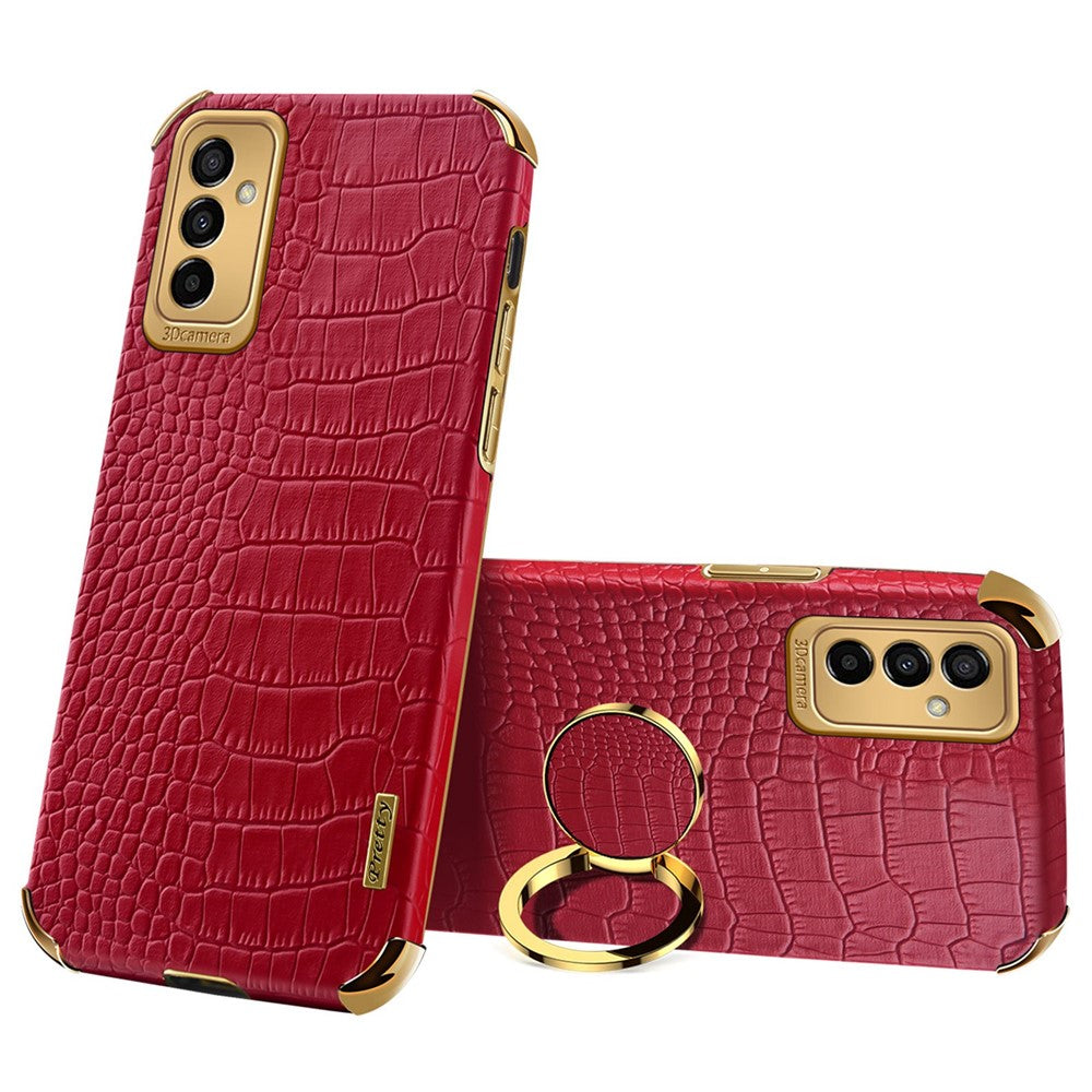 For Samsung Galaxy M23 5G/F23 5G Shockproof Phone Cover Crocodile Texture Kickstand Electroplated Finger Ring Holder PU Leather Coated TPU Anti-scratch Phone Case - Red