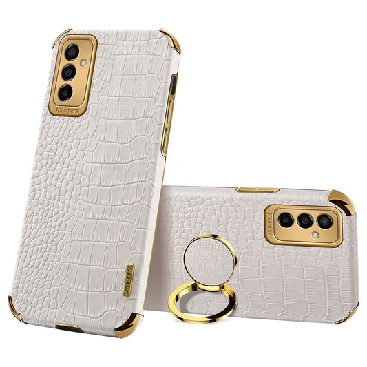 For Samsung Galaxy M23 5G/F23 5G Shockproof Phone Cover Crocodile Texture Kickstand Electroplated Finger Ring Holder PU Leather Coated TPU Anti-scratch Phone Case - White