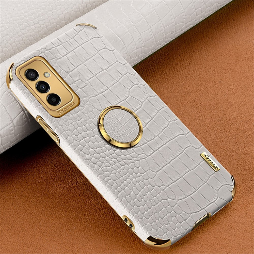 For Samsung Galaxy M23 5G/F23 5G Shockproof Phone Cover Crocodile Texture Kickstand Electroplated Finger Ring Holder PU Leather Coated TPU Anti-scratch Phone Case - White