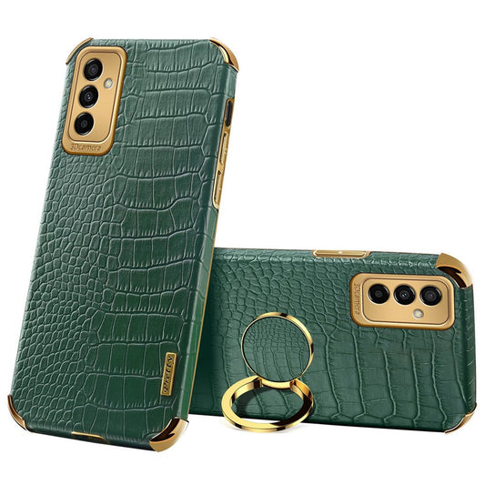 For Samsung Galaxy M23 5G/F23 5G Shockproof Phone Cover Crocodile Texture Kickstand Electroplated Finger Ring Holder PU Leather Coated TPU Anti-scratch Phone Case - Green