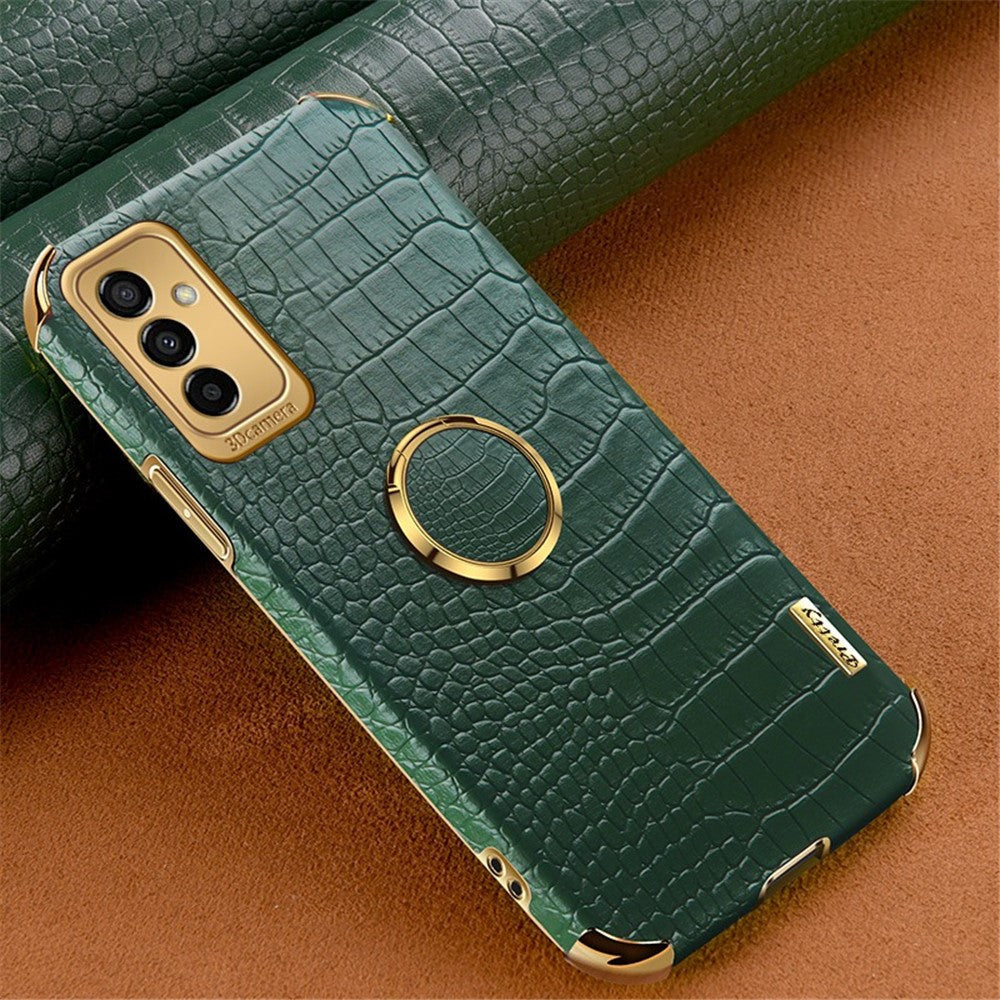 For Samsung Galaxy M23 5G/F23 5G Shockproof Phone Cover Crocodile Texture Kickstand Electroplated Finger Ring Holder PU Leather Coated TPU Anti-scratch Phone Case - Green