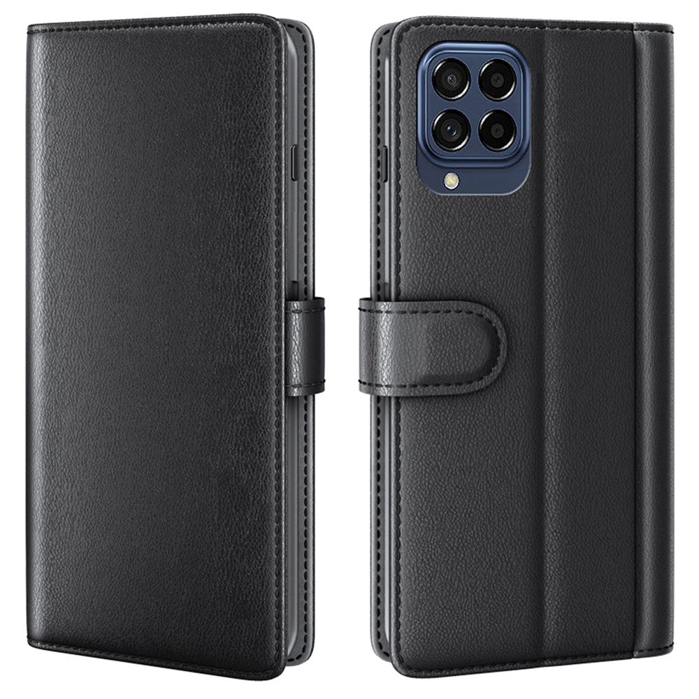 For Samsung Galaxy M33 5G (Global) Case Genuine Split Leather Phone Cover with Wallet Stand - Black