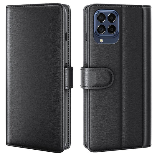 For Samsung Galaxy M33 5G (Global) Case Genuine Split Leather Phone Cover with Wallet Stand - Black