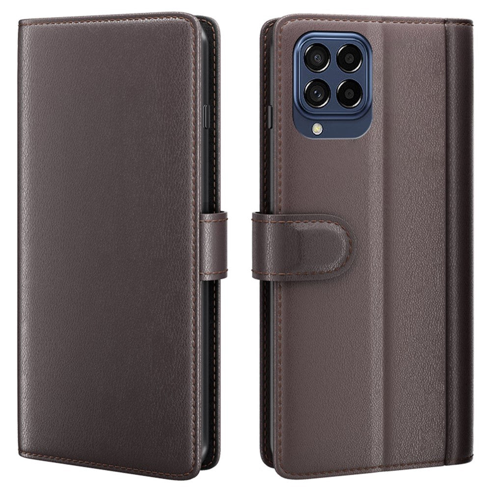 For Samsung Galaxy M33 5G (Global) Case Genuine Split Leather Phone Cover with Wallet Stand - Brown