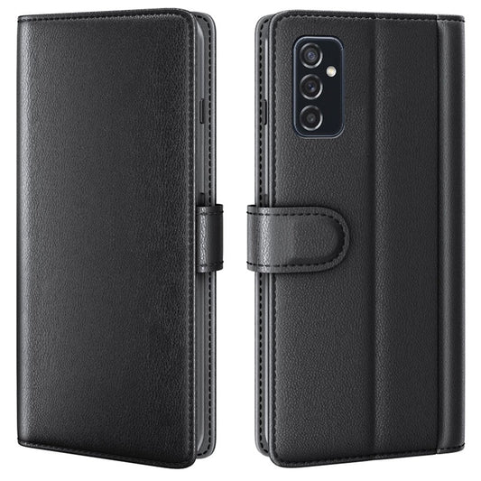 For Samsung Galaxy M52 5G Case Genuine Split Leather Phone Cover with Wallet Stand - Black