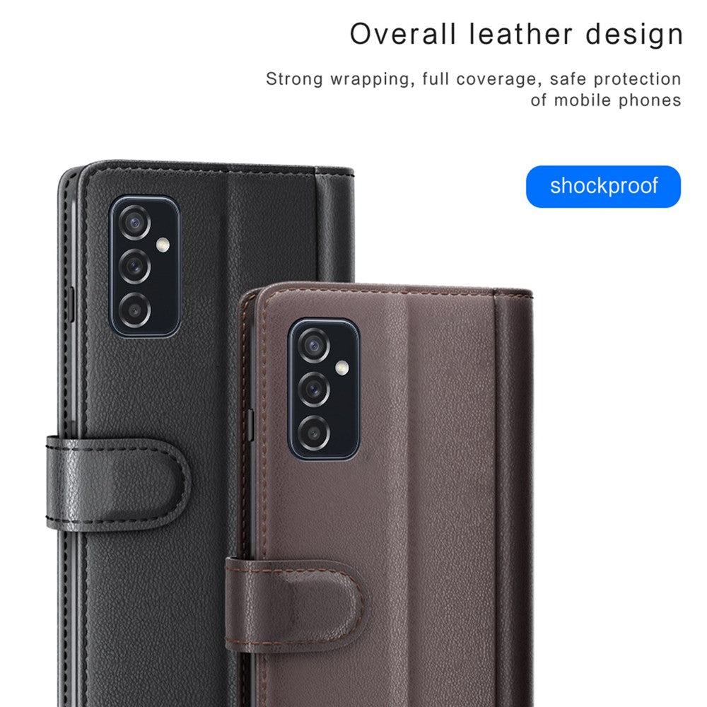 For Samsung Galaxy M52 5G Case Genuine Split Leather Phone Cover with Wallet Stand - Black