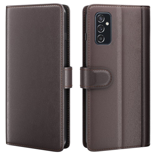 For Samsung Galaxy M52 5G Case Genuine Split Leather Phone Cover with Wallet Stand - Brown