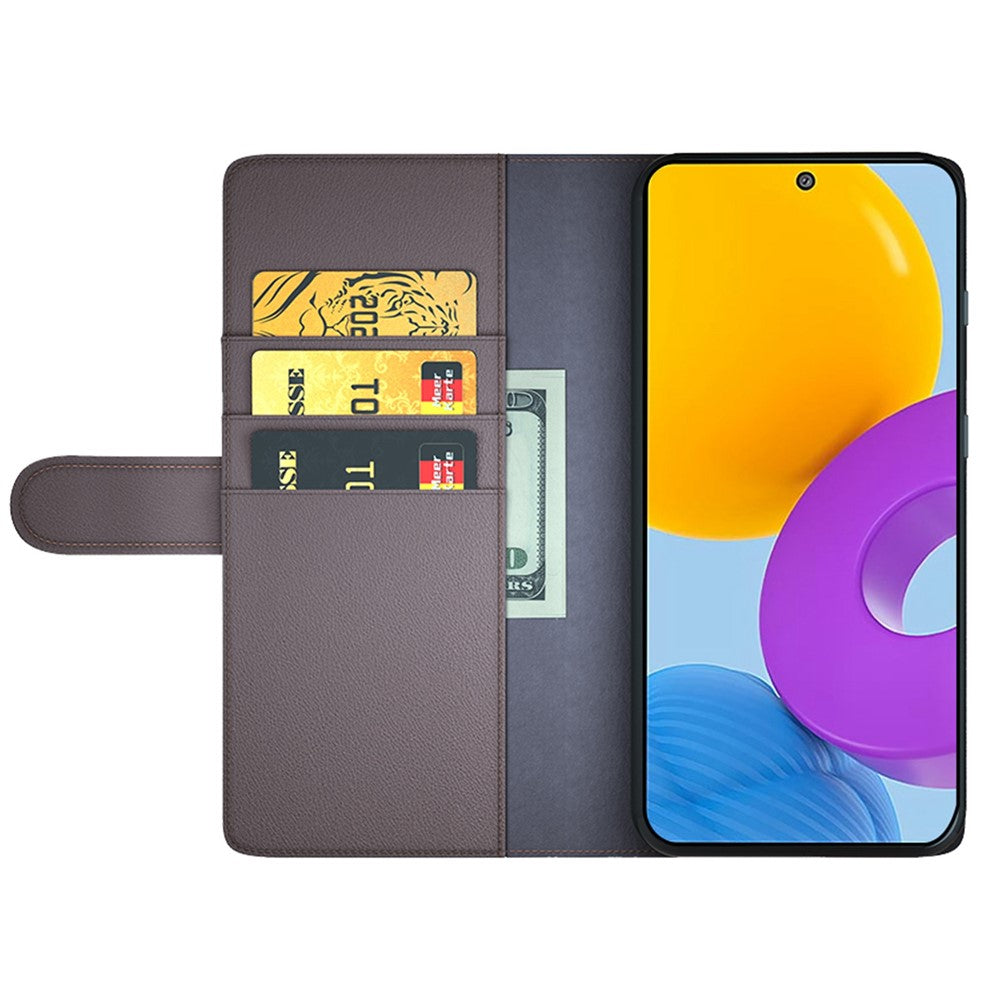 For Samsung Galaxy M52 5G Case Genuine Split Leather Phone Cover with Wallet Stand - Brown