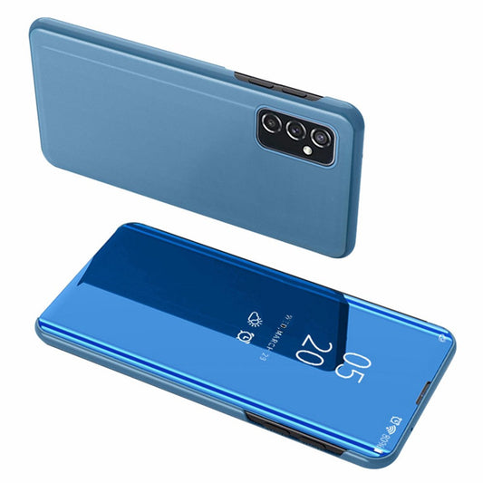 For Samsung Galaxy M23 5G/F23 5G PU Leather Window View Stand Feature Case Mirror Screen Flip Electroplate Plating Cover - Sky Blue
