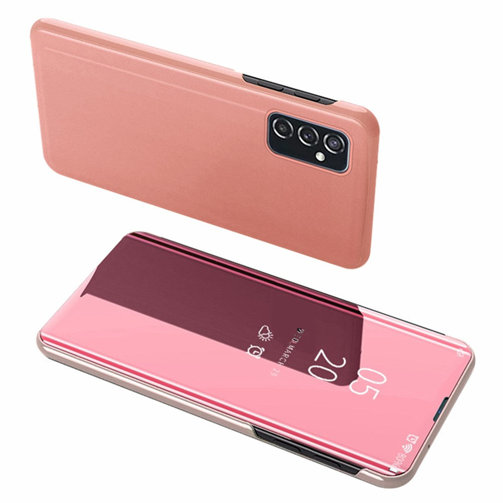 For Samsung Galaxy M23 5G/F23 5G PU Leather Window View Stand Feature Case Mirror Screen Flip Electroplate Plating Cover - Rose Gold