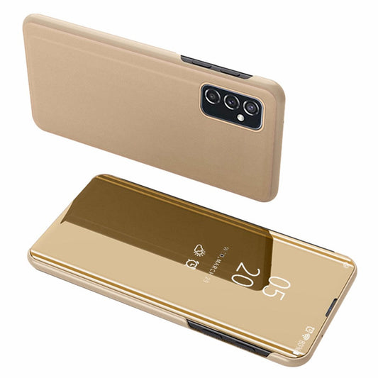 For Samsung Galaxy M23 5G/F23 5G PU Leather Window View Stand Feature Case Mirror Screen Flip Electroplate Plating Cover - Gold