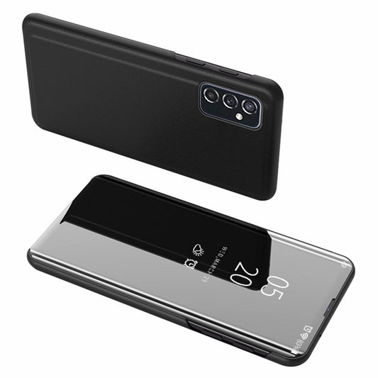 For Samsung Galaxy M23 5G/F23 5G PU Leather Window View Stand Feature Case Mirror Screen Flip Electroplate Plating Cover - Black