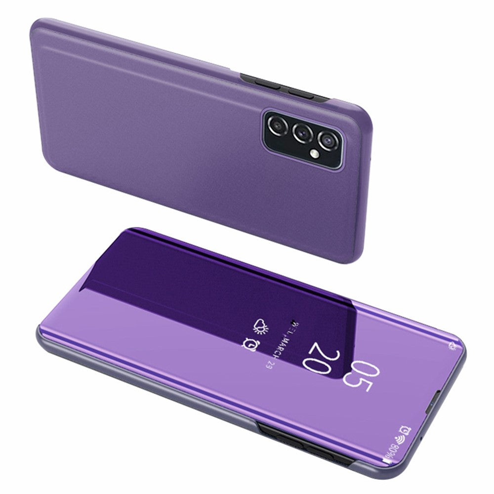For Samsung Galaxy M23 5G/F23 5G PU Leather Window View Stand Feature Case Mirror Screen Flip Electroplate Plating Cover - Purple Blue