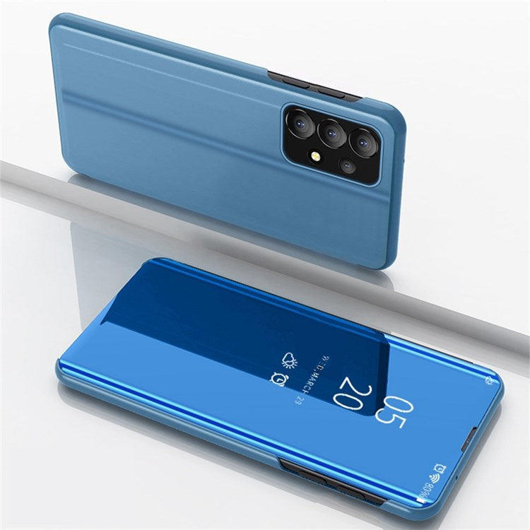 For Samsung Galaxy A73 5G PU Leather Smart View Window Case Electroplate Full Body Protection Stand Flip Mirror Phone Cover - Sky Blue