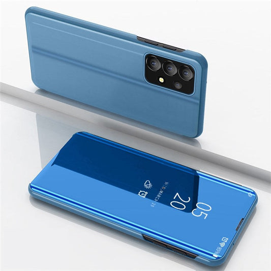 For Samsung Galaxy A73 5G PU Leather Smart View Window Case Electroplate Full Body Protection Stand Flip Mirror Phone Cover - Sky Blue