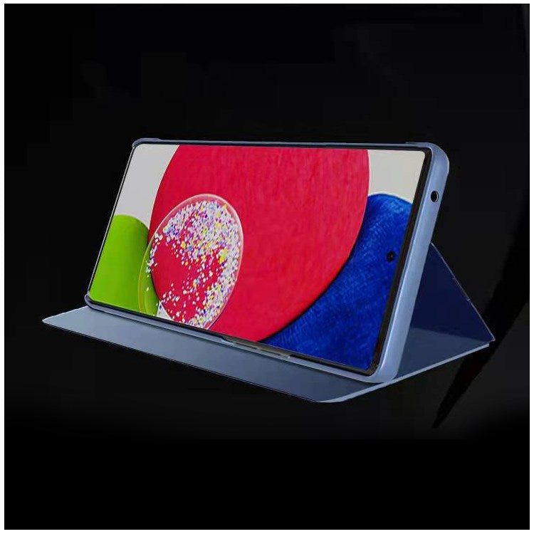 For Samsung Galaxy A73 5G PU Leather Smart View Window Case Electroplate Full Body Protection Stand Flip Mirror Phone Cover - Sky Blue