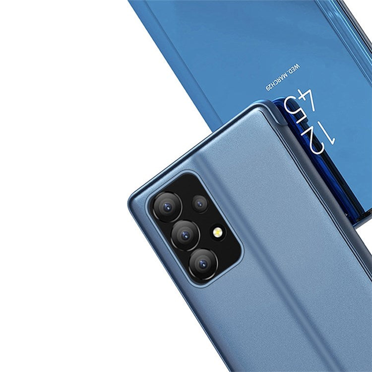 For Samsung Galaxy A73 5G PU Leather Smart View Window Case Electroplate Full Body Protection Stand Flip Mirror Phone Cover - Sky Blue