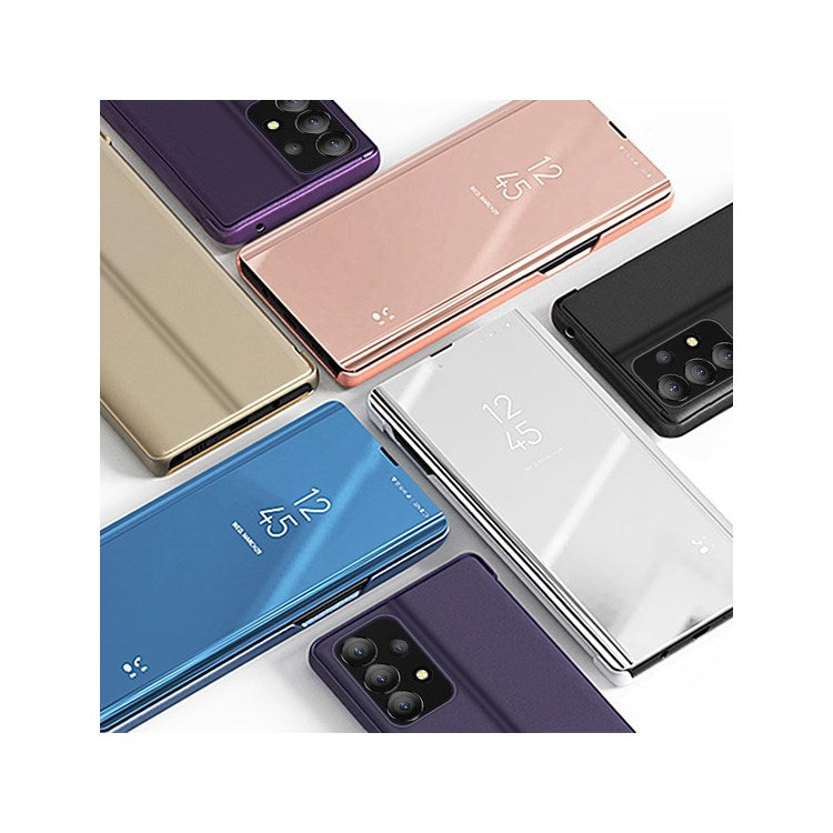 For Samsung Galaxy A73 5G PU Leather Smart View Window Case Electroplate Full Body Protection Stand Flip Mirror Phone Cover - Sky Blue
