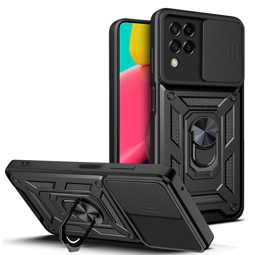 For Samsung Galaxy M53 5G Ring Kickstand Phone Case Soft TPU + Hard PC Hybrid Shockproof Protective Case with Camera Cover - Black