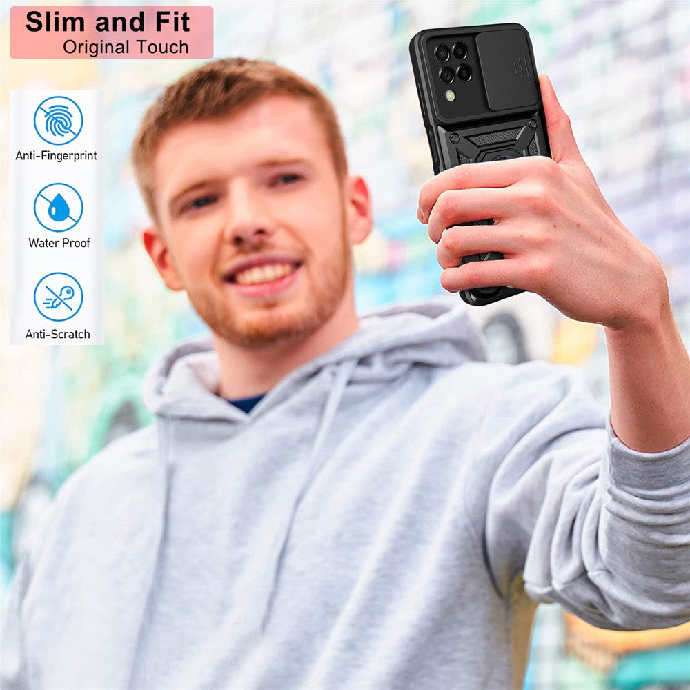 For Samsung Galaxy M53 5G Ring Kickstand Phone Case Soft TPU + Hard PC Hybrid Shockproof Protective Case with Camera Cover - Black