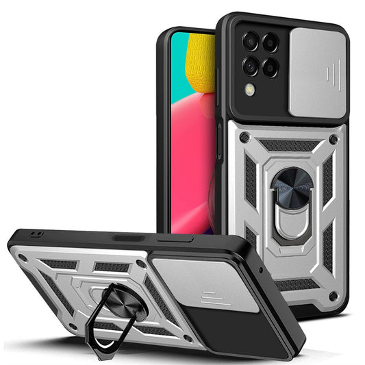 For Samsung Galaxy M53 5G Ring Kickstand Phone Case Soft TPU + Hard PC Hybrid Shockproof Protective Case with Camera Cover - Silver