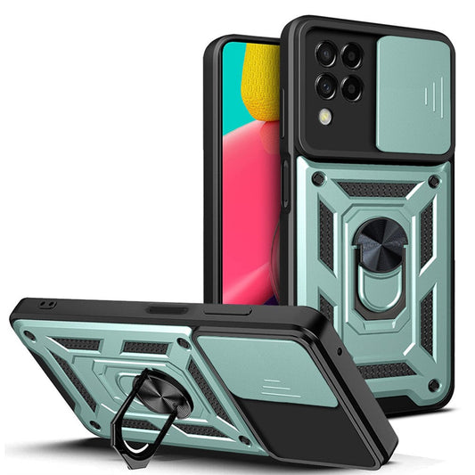 For Samsung Galaxy M53 5G Ring Kickstand Phone Case Soft TPU + Hard PC Hybrid Shockproof Protective Case with Camera Cover - Green